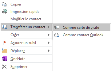 Transférer un contact dans menu contextuel Outlook 2016