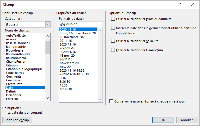 La boîte de dialogue Champ dans Word 365