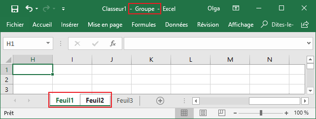 Des feuilles de calcul groupées dans Excel 2016