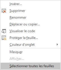 Sélectionner toutes les feuilles dans Excel 2016