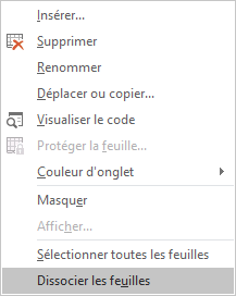 Dissocier les feuilles dans Excel 2016