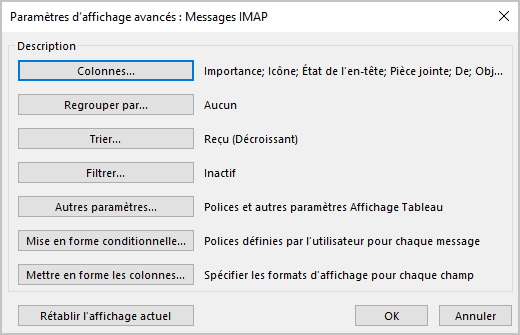 Paramètres d'affichage avancés Outlook 365