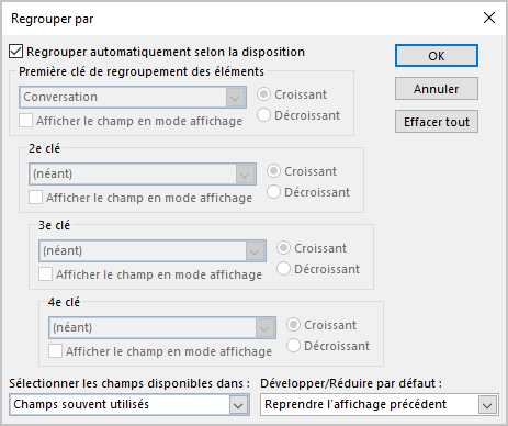 La boîte de dialogue Regrouper par dans Outlook 365