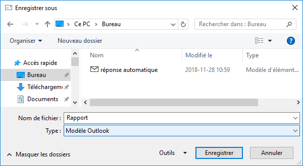 La boîte de dialogue Enregistrer sous dans Outlook 2016