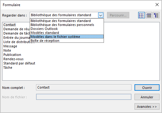 La boîte de dialogue Sélectionner un modèle de réponse dans Outlook 365