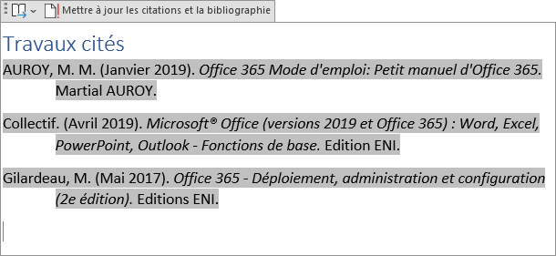 La Travaux cités dans le style APA Word 365