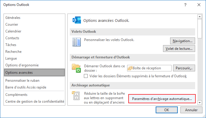 Paramètres d'archivage automatique dans Options Outlook 2016