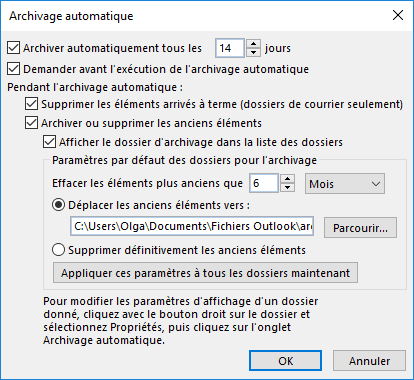 La boîte de dialogue Archivage automatique dans Outlook 2016