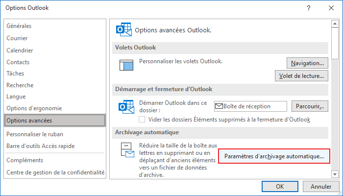 Paramètres d'archivage automatique dans Options Outlook 365