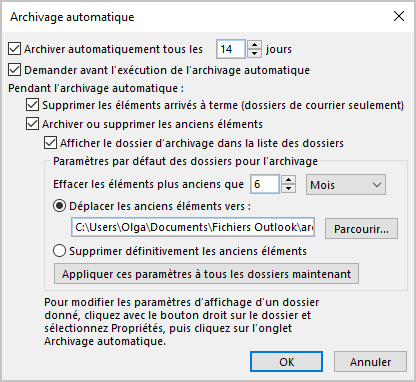 La boîte de dialogue Archivage automatique dans Outlook 365