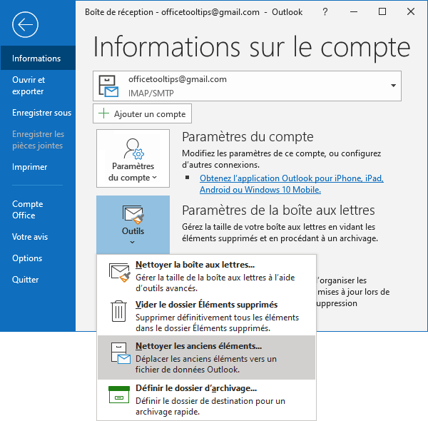 Nettoyer les anciens éléments dans Outlook 365