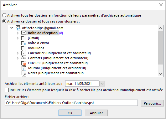 La boîte de dialogue Archiver dans Outlook 365