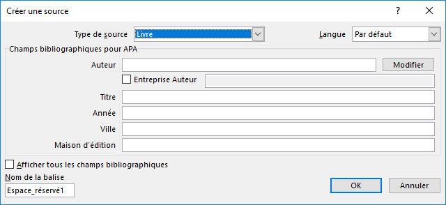 La boîte de dialogue Créer une source dans Word 2016