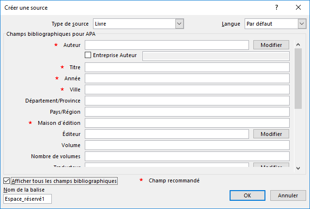 Créer une source de livre dans Word 2016