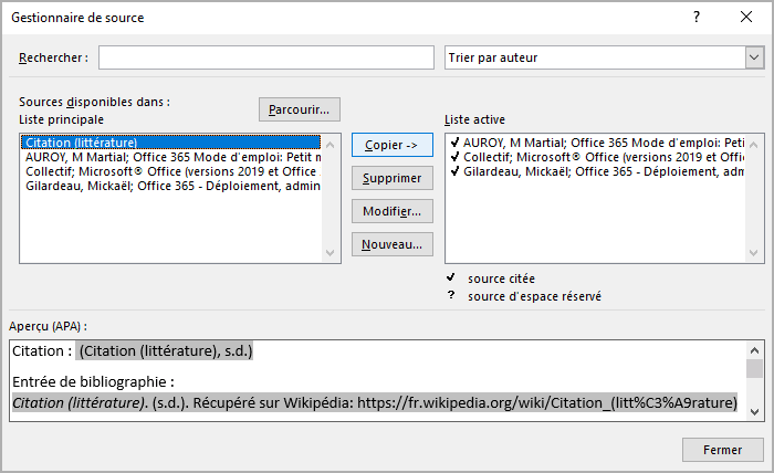 Copier la source dans Gestionnaire de sources Word 365