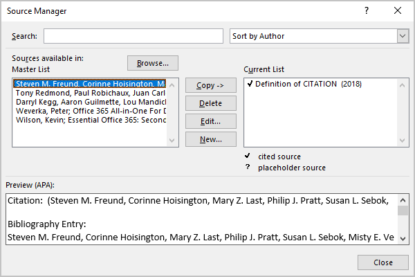 La boîte de dialogue Gestionnaire de sources dans Word 365