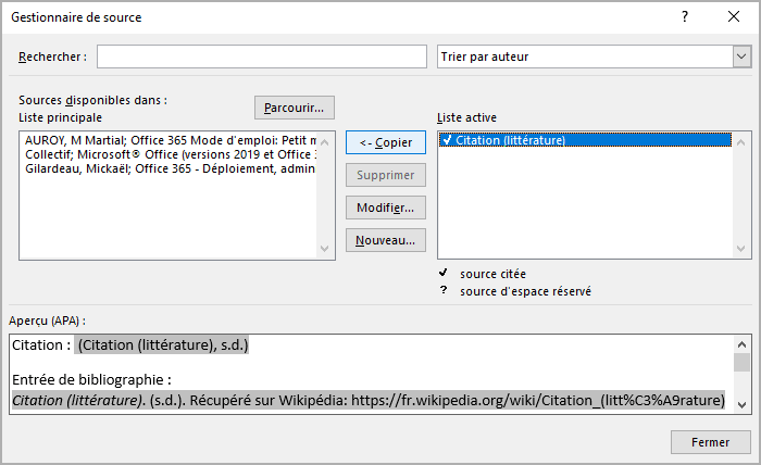 Copier la source dans Gestionnaire de sources Word 365