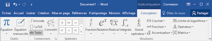 Outils d'équation dans Word 2016