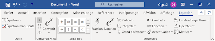 Outils d'équation dans Word 365