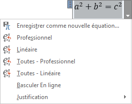 Convertir d'équation dans le menu contextuelWord 2016