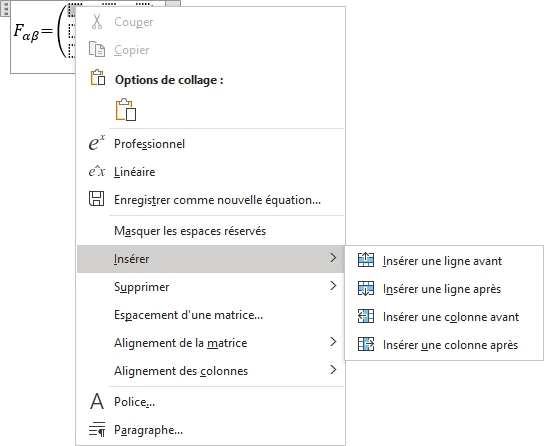 Insérer dans le menu contextuel Word 365