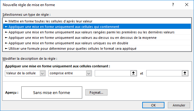 Appliquer une mise en forme uniquement aux cellules qui contiennent dans Excel 2016