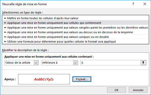 Nouvelle règle de mise en forme dans Excel 2016