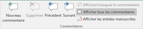 Le groupe Commentaires Excel 2016