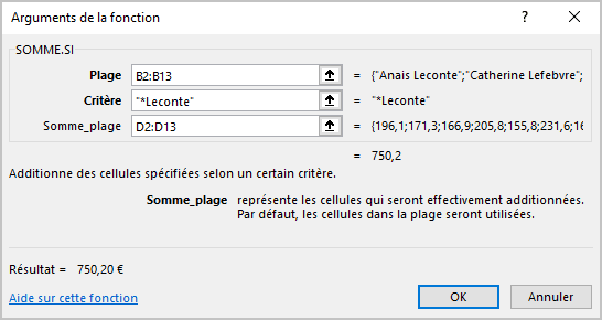 Arguments de la fonction Excel 365