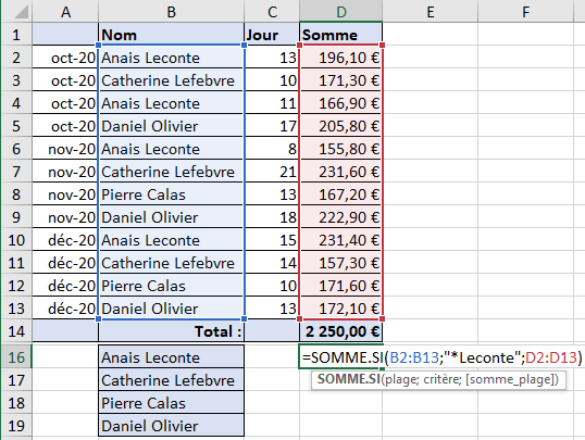 La somme des cellules par critères Excel 365