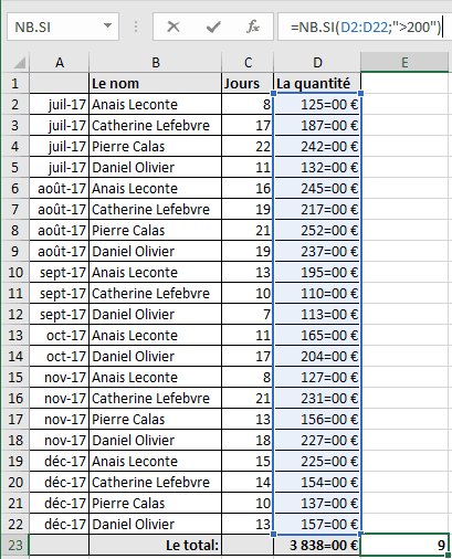 Compter les cellules par critères Excel 2016