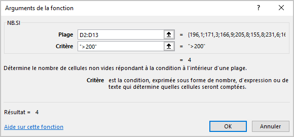 Arguments de la fonction Excel 365