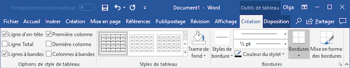 Outils de tableau dans Word 2016