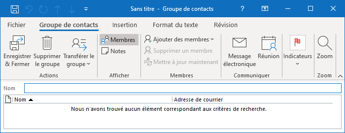 La boîte de dialogue Groupe de contacts dans Outlook 365