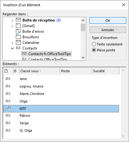 Insertion d'un élément dans Outlook 365