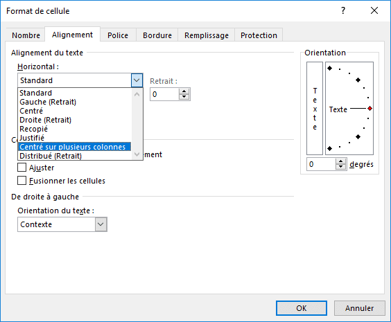 Boîte de dialogue Format de cellule Excel 2016