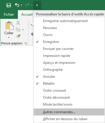 Autres commandes de la barre d'outils Accès rapide dans Excel 2016