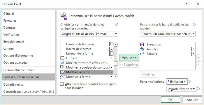 La barre d'outils Accès rapide dans Options Excel 2016