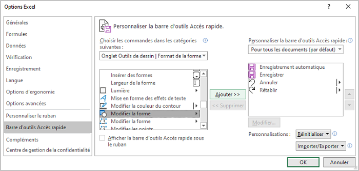 La barre d'outils Accès rapide dans Options Excel 365