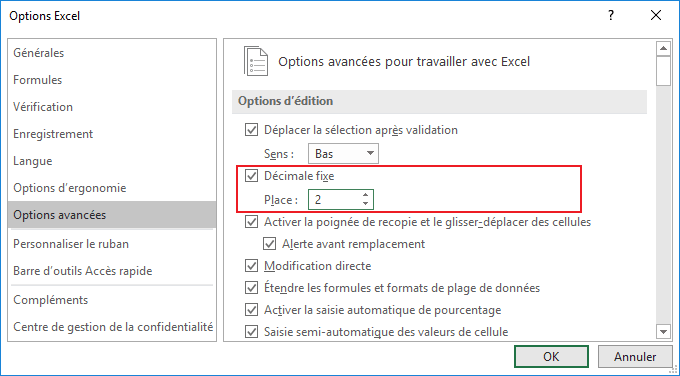 Décimale fixe dans Options Excel 2016