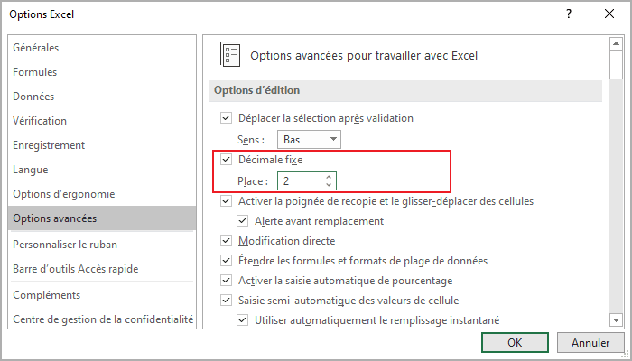 Décimale fixe dans Options Excel 365