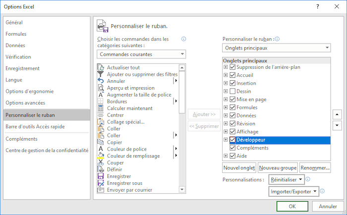 Personnaliser le ruban dans Options Excel 2016