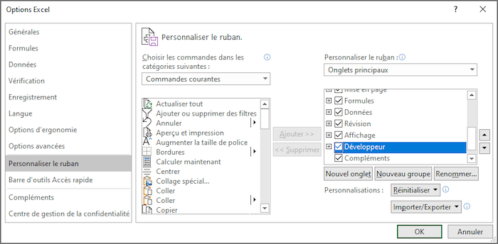 Personnaliser le ruban dans Options Excel 365