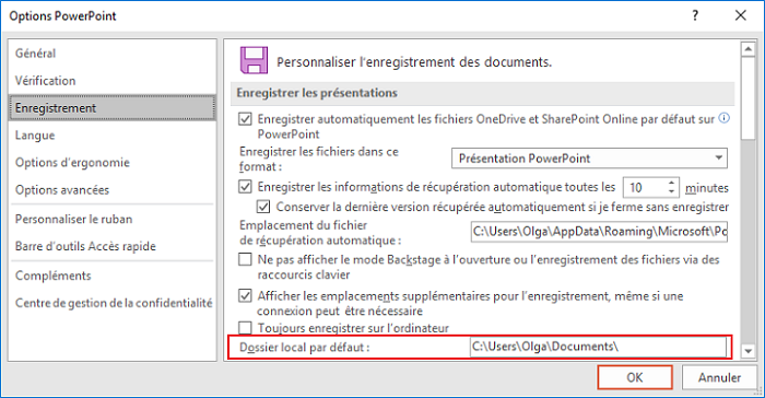 Enregistrer les présentations dans Options PowerPoint 2016