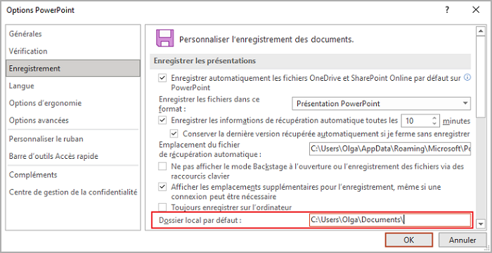 Enregistrer les présentations dans Options PowerPoint 365