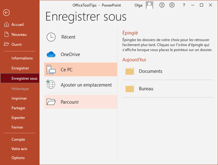 Parcourir dans Enregistrer sous PowerPoint 2016