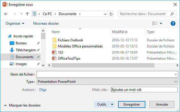Outils dans Enregistrer sous PowerPoint 2016