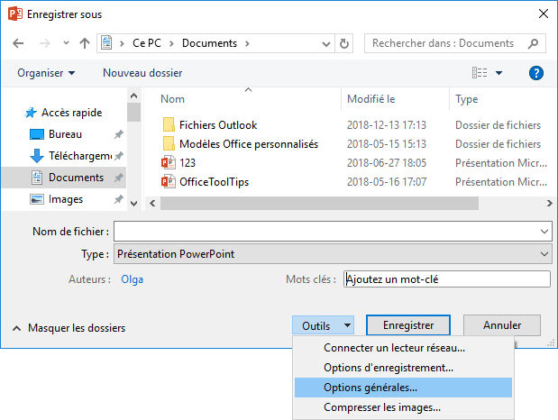 Options générales dans Enregistrer sous PowerPoint 2016
