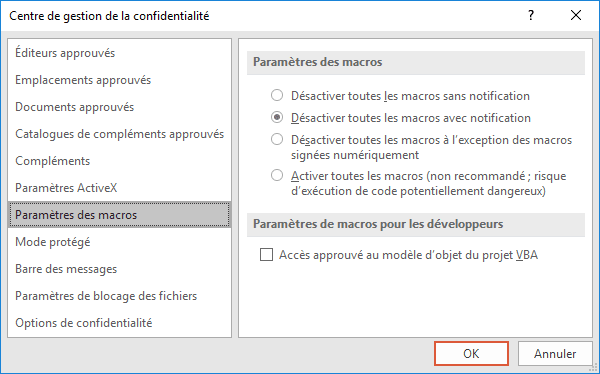 Centre de gestion de la confidentialité dans PowerPoint 2016