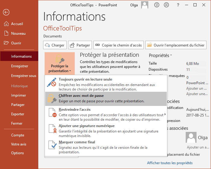 Chiffrer avec mot de passe dans Informations PowerPoint 2016